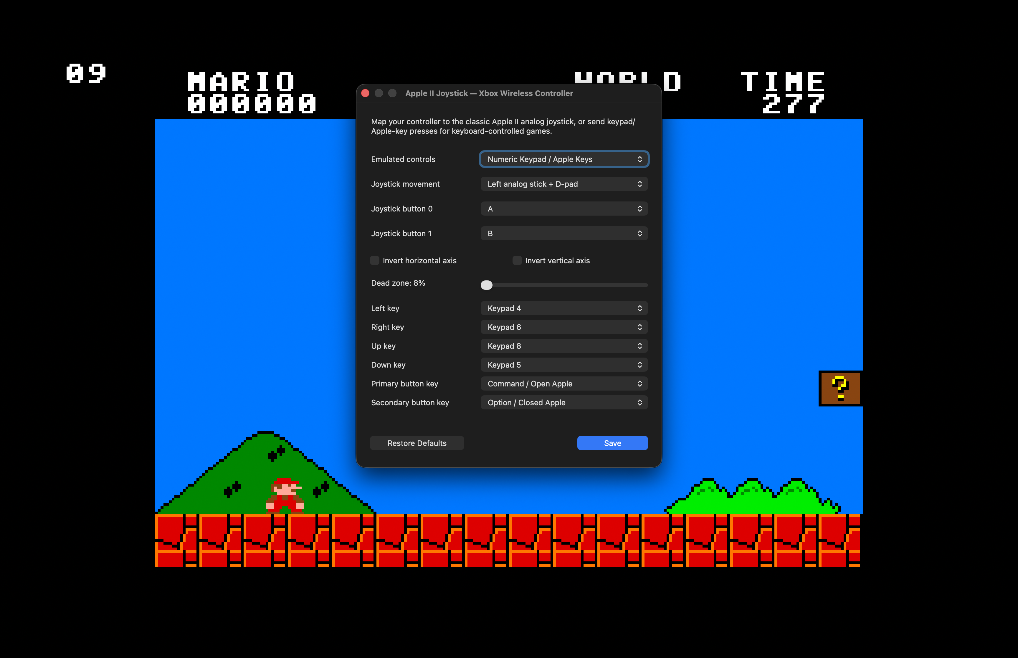 Super Mario GS running in an a2emu player, with the Xbox controller mapping window showing the numeric-keypad profile